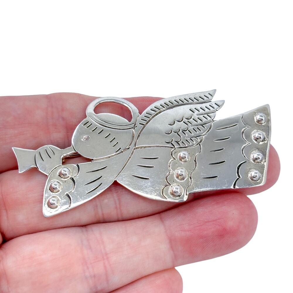 Estate Mexico Sterling Silver 925 Trumpeting Angel Brooch Pin